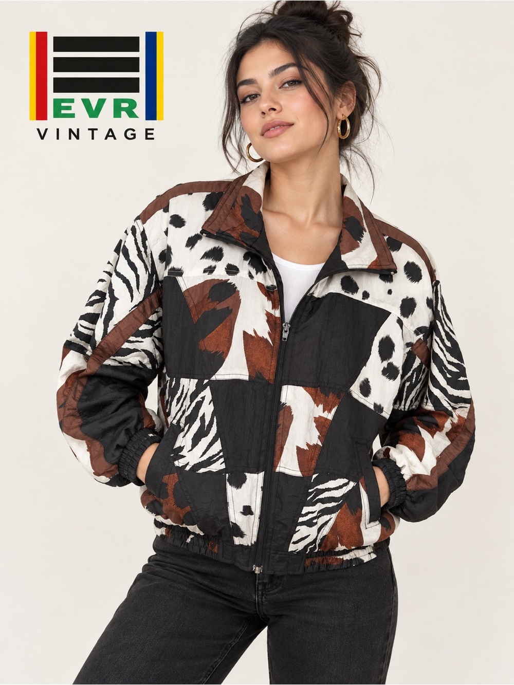 Vintage EVR Animal Print Patchwork Windbreaker Jacket Pristine 80s 90s P Medium
